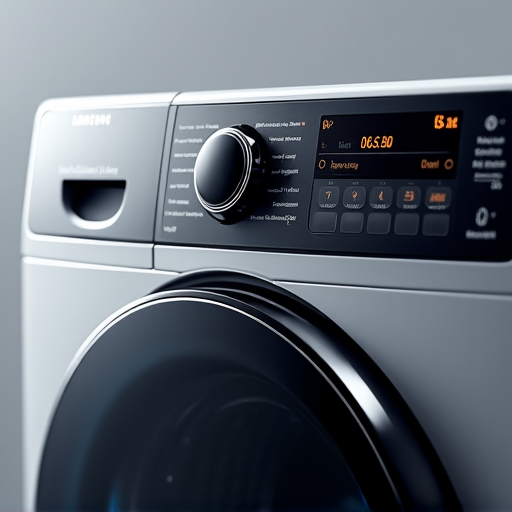 Close-up view of a skilled technician using specialized diagnostic software to check error codes on a Samsung front-load washing machine control panel.