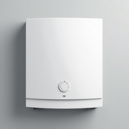 Close-up of a modern tankless water heater unit with the service panel open, showcasing complex internal components being diagnosed by a professional.