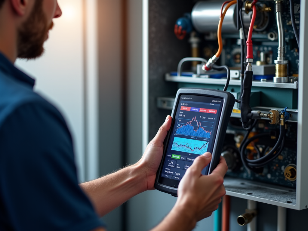 Luxe technician checking gas pressure and digital control board diagnostics on a high-efficiency tankless water heater.