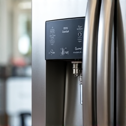 Detailed view of a technician checking water line connections for an ice maker/water dispenser unit on a high-end built-in refrigerator in a local California residence.