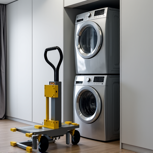 Technician performing expert repair on a stackable washer and dryer unit in a confined laundry closet.