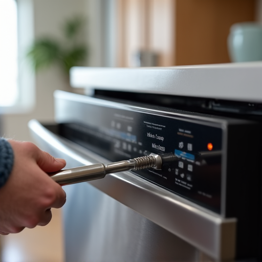 Same-day installation of a new KitchenAid dishwasher for a homeowner in the Bridge District of West Sacramento. Technician ensuring proper leveling and alignment near the I-80 corridor.