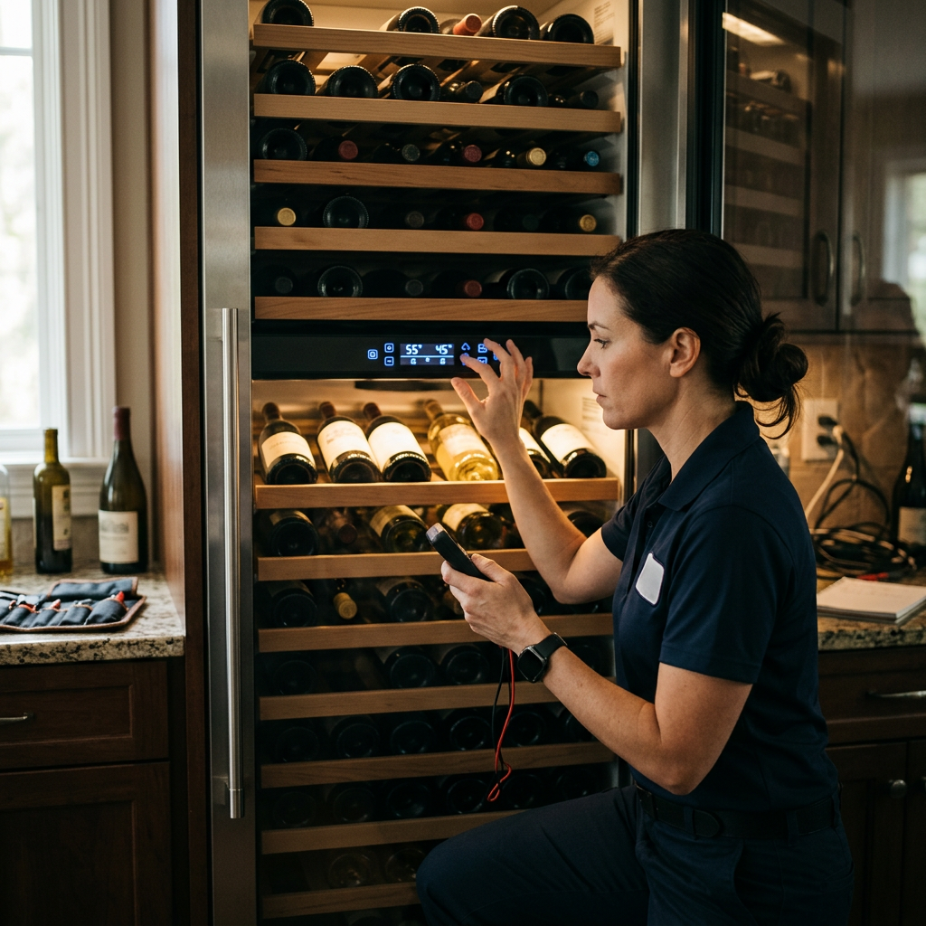 Expert wine cooler technician calibrating temperature settings for optimal 55°F storage.